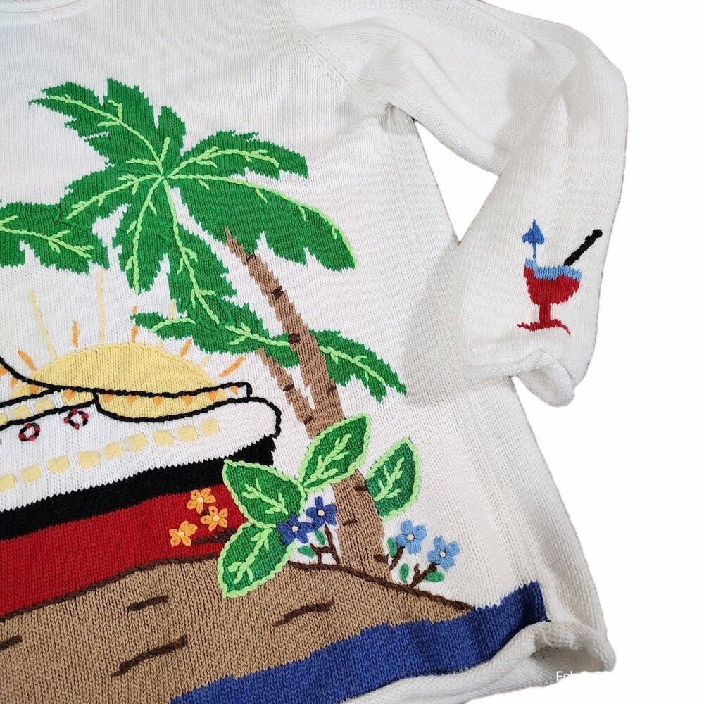 Quacker Factory Womens Coastal Grandma Cruise Ship Sweater M Palm Tree Beach - Picture 5 of 9
